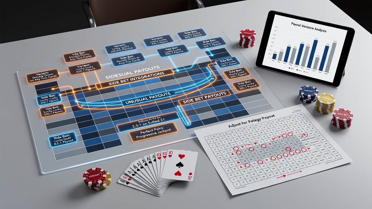 Diagram van aangepaste blackjack strategiekaarten met focus op uitbetalingsstructuren en side bets