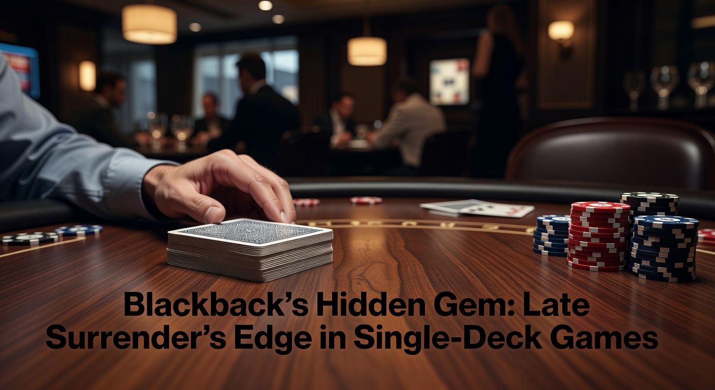 Een close-up van een single-deck blackjack-tafel met kaarten en fiches, waar de dealer een hand toont en een speler nadenkt over de surrender-optie