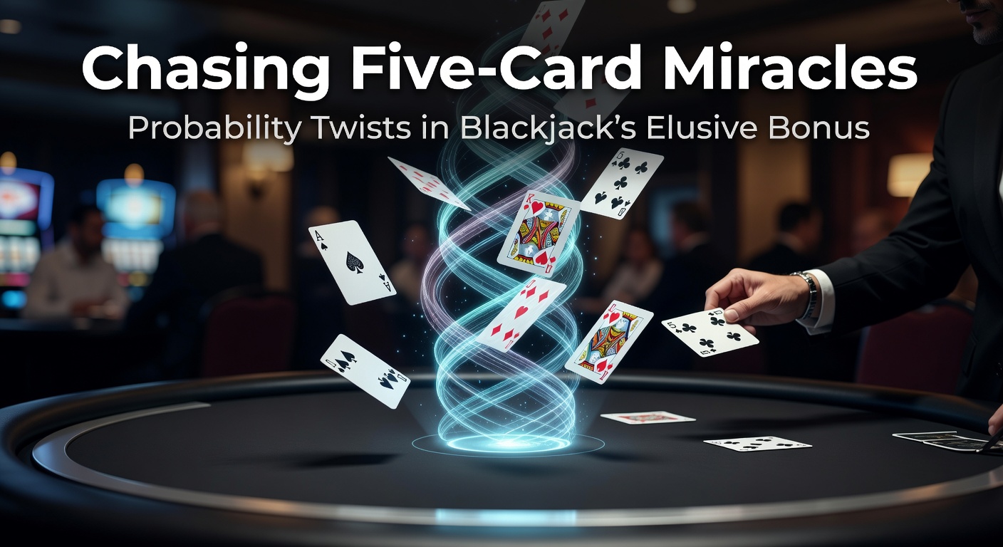Een spannende blackjacktafel met een zeldzame vijfkaartscombinatie die de bonus activeert, kaarten glinsterend onder het casino-licht