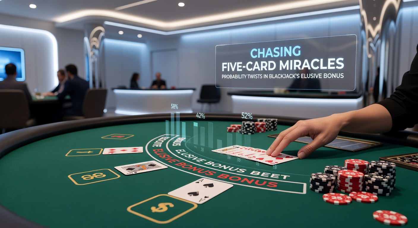 Close-up van een spelershand met vijf kaarten optellend tot 21, bonus chips stapelen zich op terwijl de dealer toekijkt