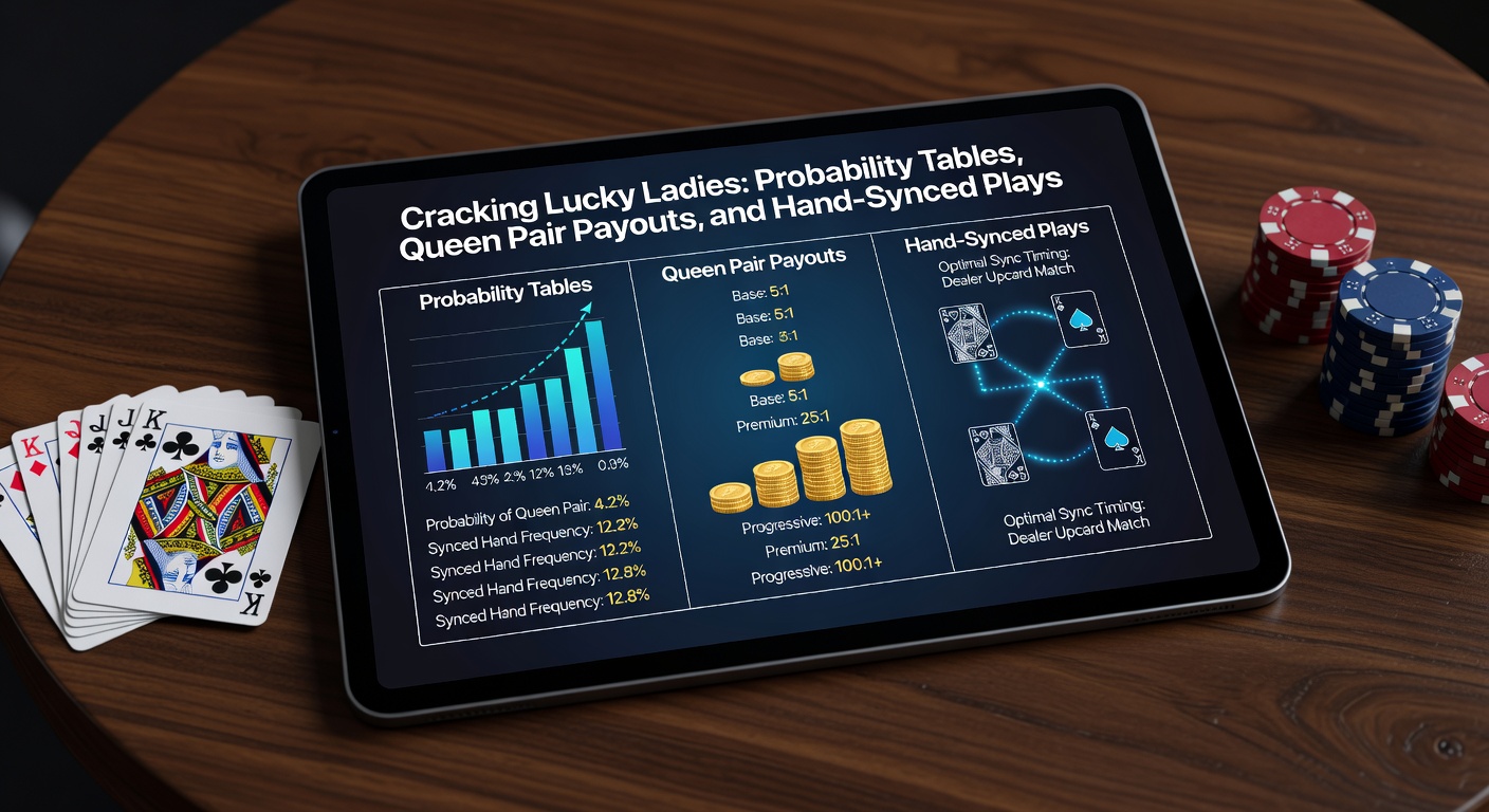 Grafiek met uitbetalingstabel voor Lucky Ladies, highlightend queen pair multipliers en jackpot progressives op een digitale blackjack interface