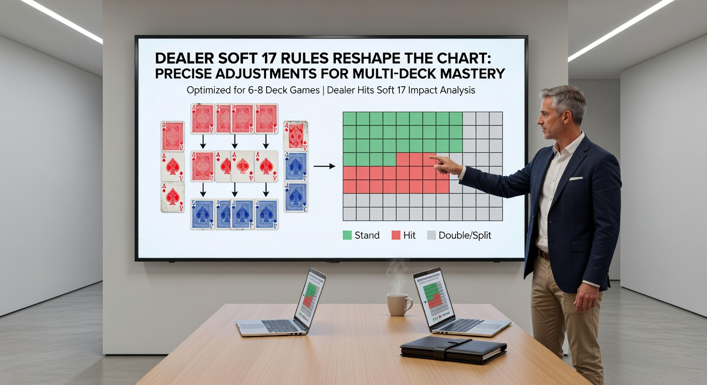 Vergelijkende blackjack strategy charts voor H17 en S17 in multi-deck, met gemarkeerde verschillen in rood