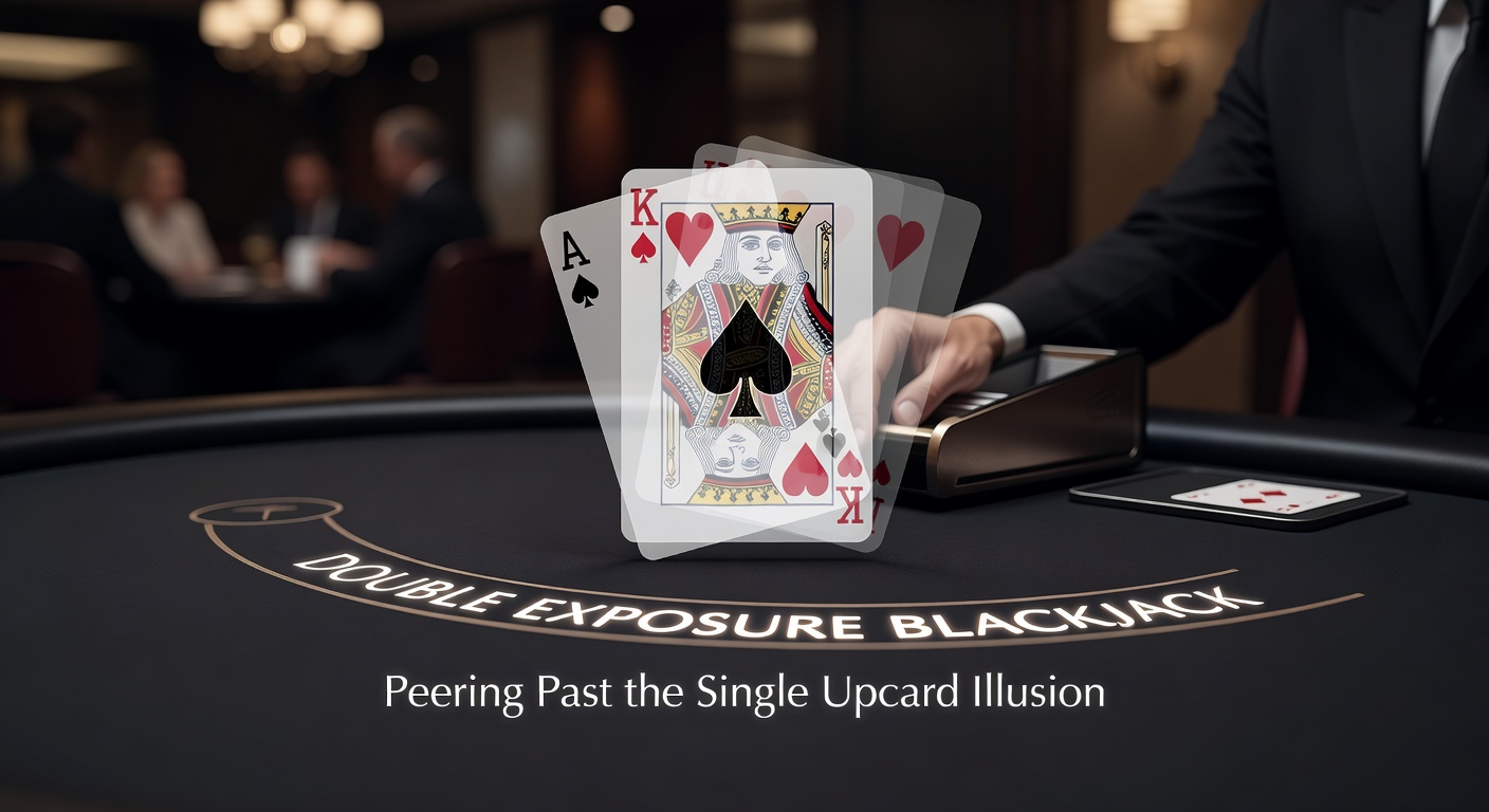 Strategiekaart voor Double Exposure Blackjack met aanpassingen voor dubbele dealerkaarten, spelers bestuderen de tabel tijdens een sessie