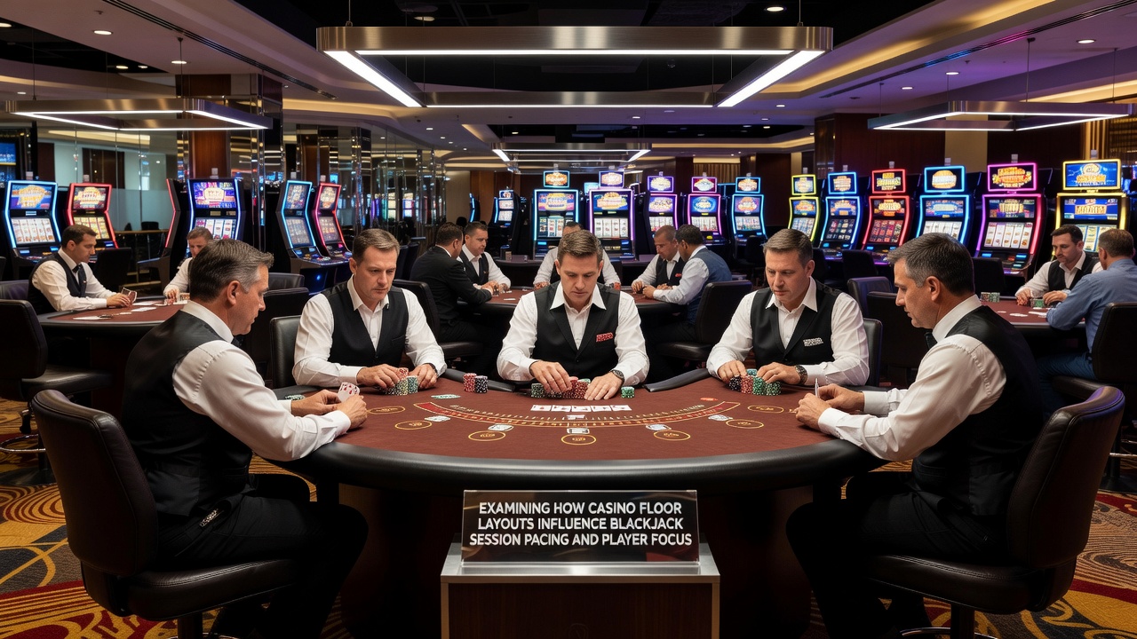 Overzicht van een casino vloerindeling met strategisch geplaatste blackjack tafels en looppaden