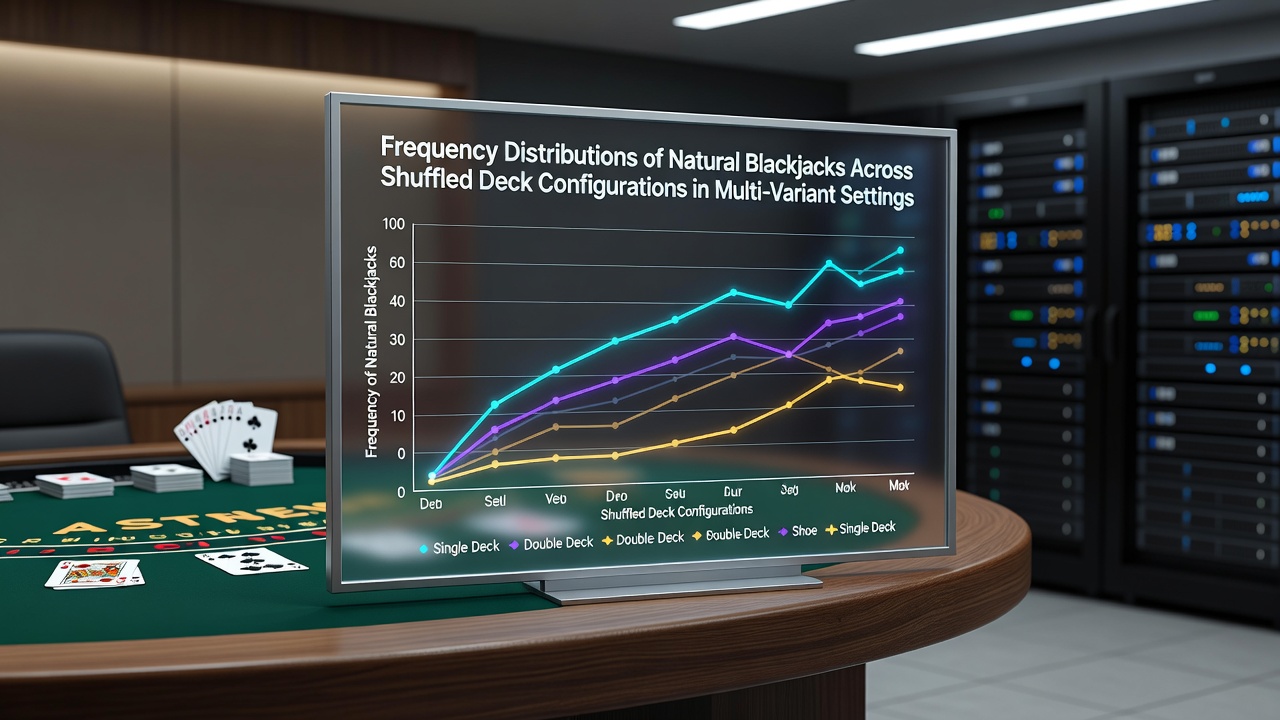 Grafiek met frequentieverdelingen van natuurlijke blackjacks over diverse dekconfiguraties