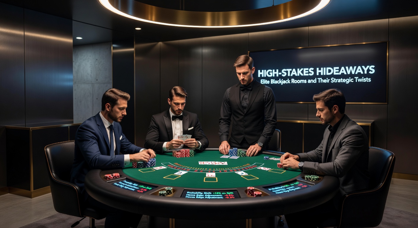 Luxe high-stakes blackjacktafel in een exclusieve VIP-kamer met kaarten en fiches in een dim verlichte ambiance