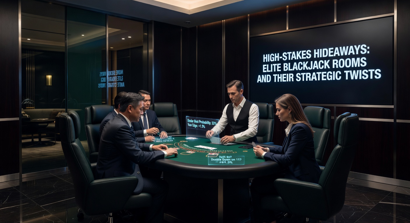 Spelers aan een high-stakes blackjacktafel in een privé-kamer, met hoge fichestacks en een geconcentreerde croupier