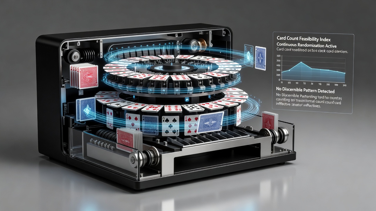 Blackjack tafel met continue shuffle device zichtbaar naast de dealer tijdens een live sessie
