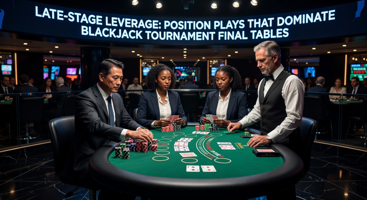 Spannende blackjacktoernooi finale met spelers die chips stapelen aan een finaletafel, spotlights op de kaarten en intense concentratie zichtbaar