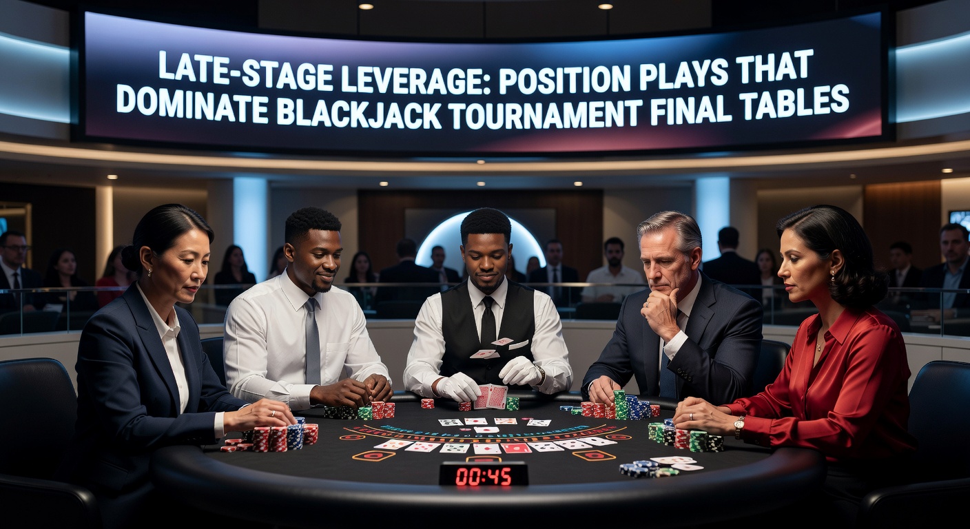 Close-up van een blackjack finaletafel in actie, met spelers in discussie over bets, chips torens en dealer die kaarten deelt onder felle lichten