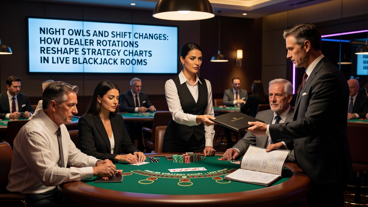 Strategiekaart en blackjack tafel tijdens nachtelijke dealerrotatie