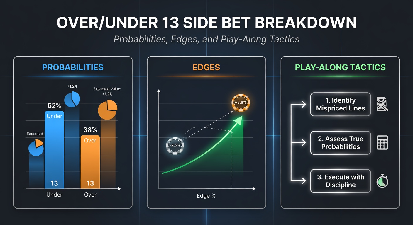 Grafiek met waarschijnlijkheden en uitbetalingstabellen voor de Over/Under 13 side bet in blackjack