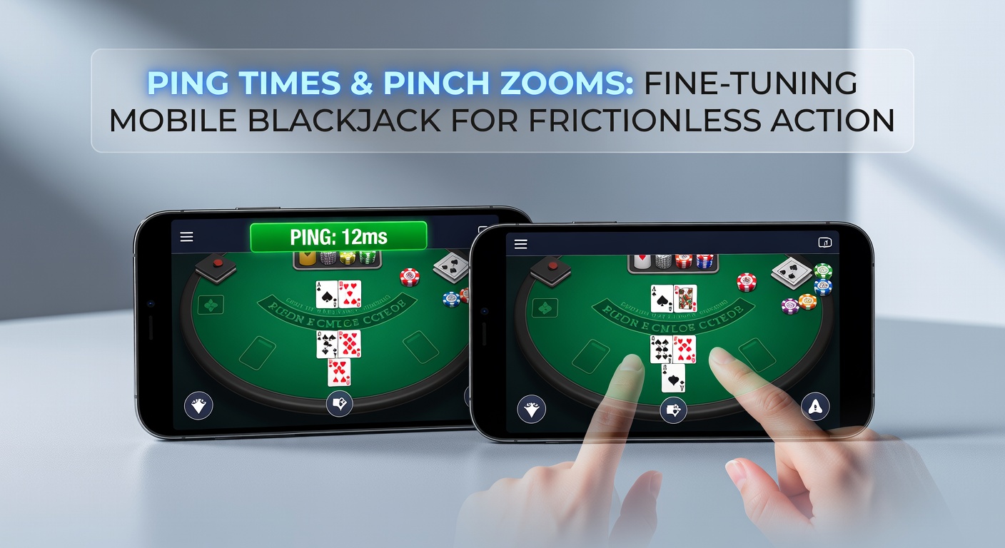 Schermafbeelding van een mobiele blackjack-app met pinch-zoom in actie, tonen een close-up van kaarten en chips op een live dealer tafel