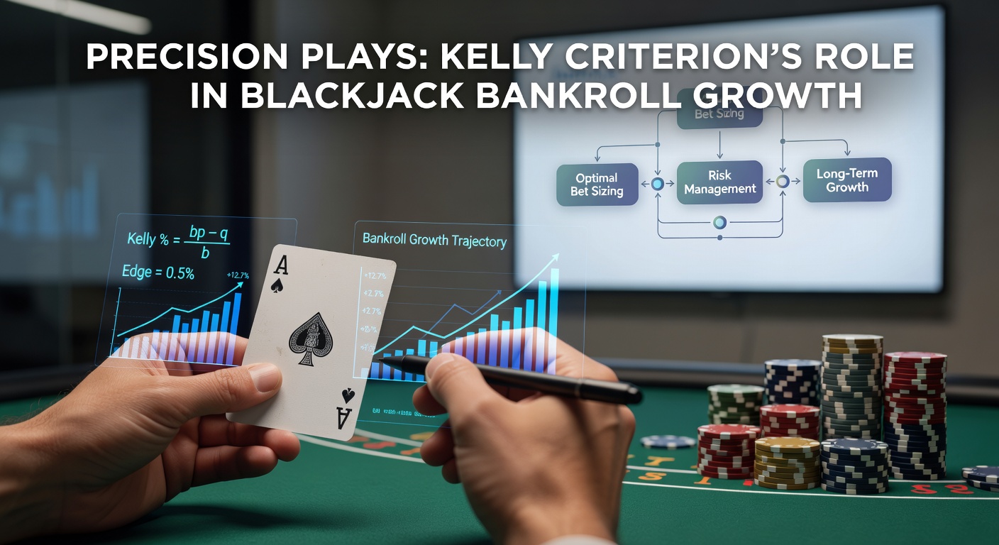 Grafiek met Kelly Criterion curves die bankrollgroei in blackjack illustreren over tijd