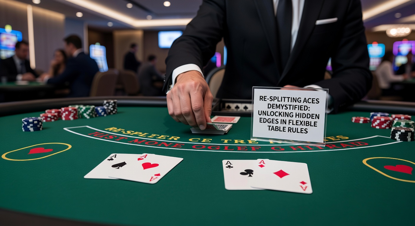 Blackjacktafel met meerdere gesplitste azen, illustrerend flexibele resplit-regels in een casino-omgeving