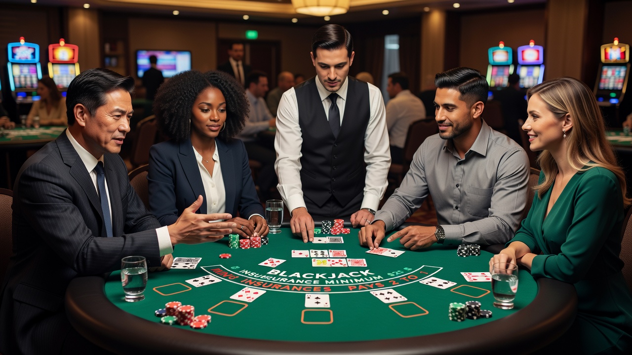 Spelers aan een blackjack tafel die samen kaarten delen en beslissingen nemen