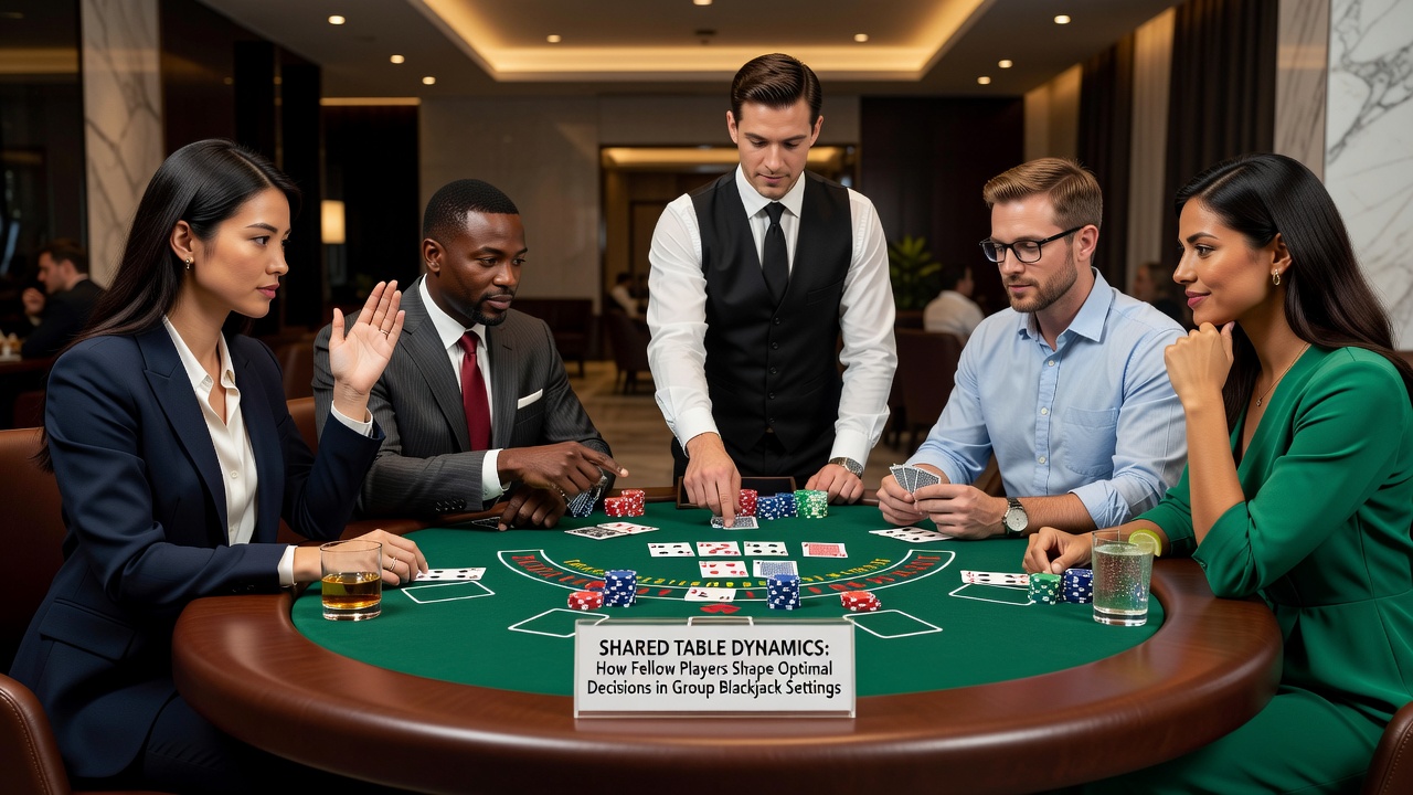Close-up van blackjack handen en kaarten op een drukke tafel met meerdere spelers