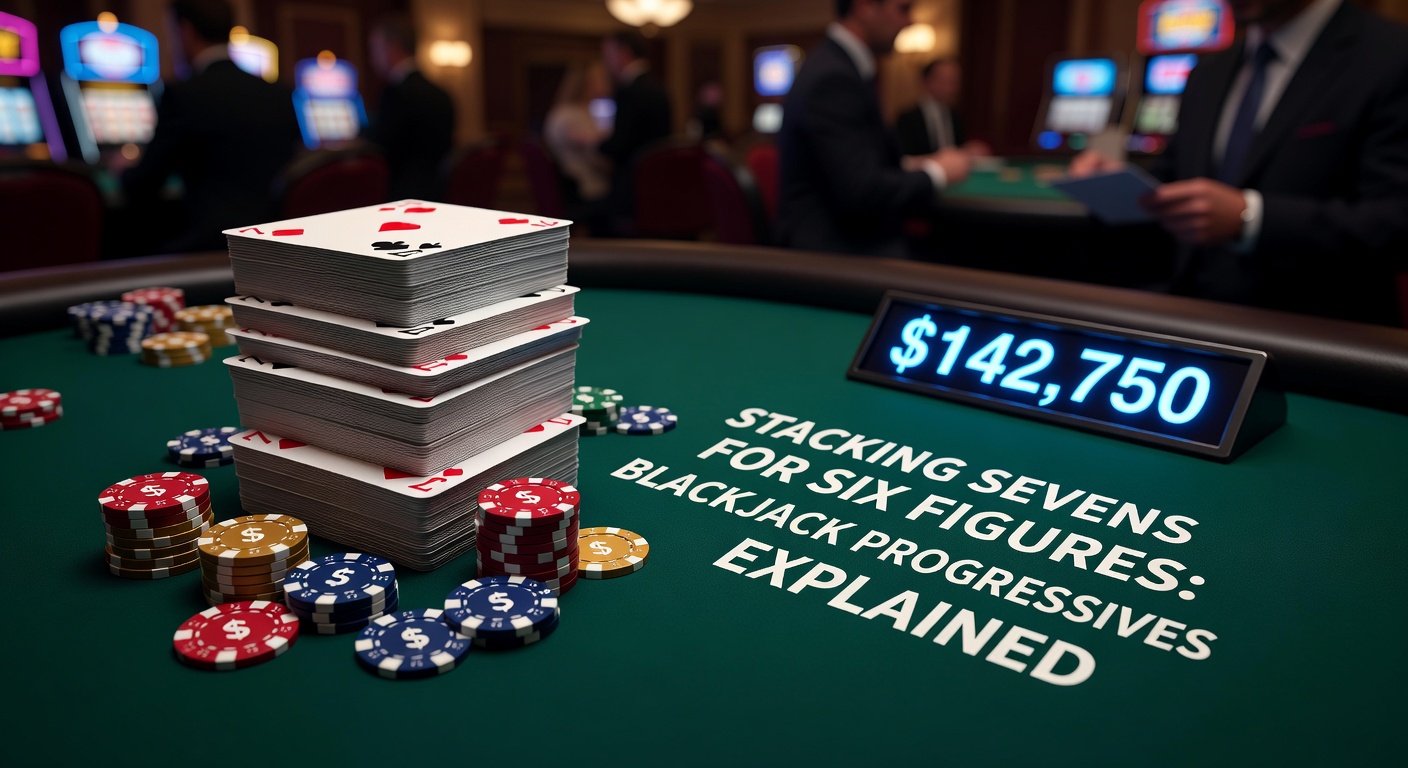 Blackjacktafel met progressieve side bet op zevenen, jackpotmeter op de achtergrond