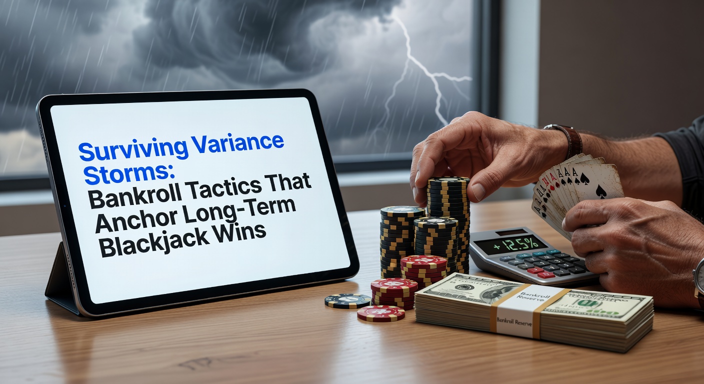 Grafiek die extreme fluctuaties in blackjack-bankrolls toont tijdens variance-periodes, met dalen en pieken over duizenden handen