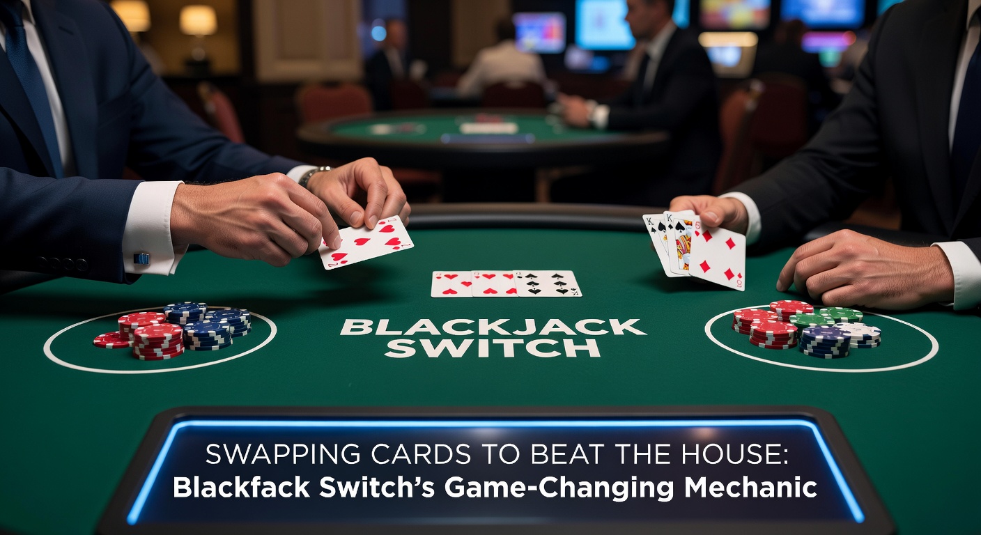 Een close-up van een Blackjack Switch-tafel waar spelers kaarten wisselen tussen twee handen, met fiches en een dealer in actie