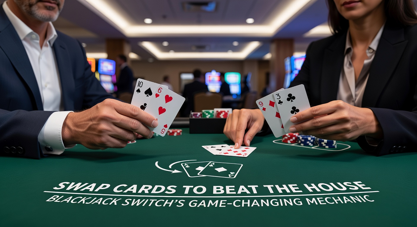 Strategische kaartwissel in Blackjack Switch, met dealerhand en spelershanden zichtbaar, inclusief fiches en scorekaarten