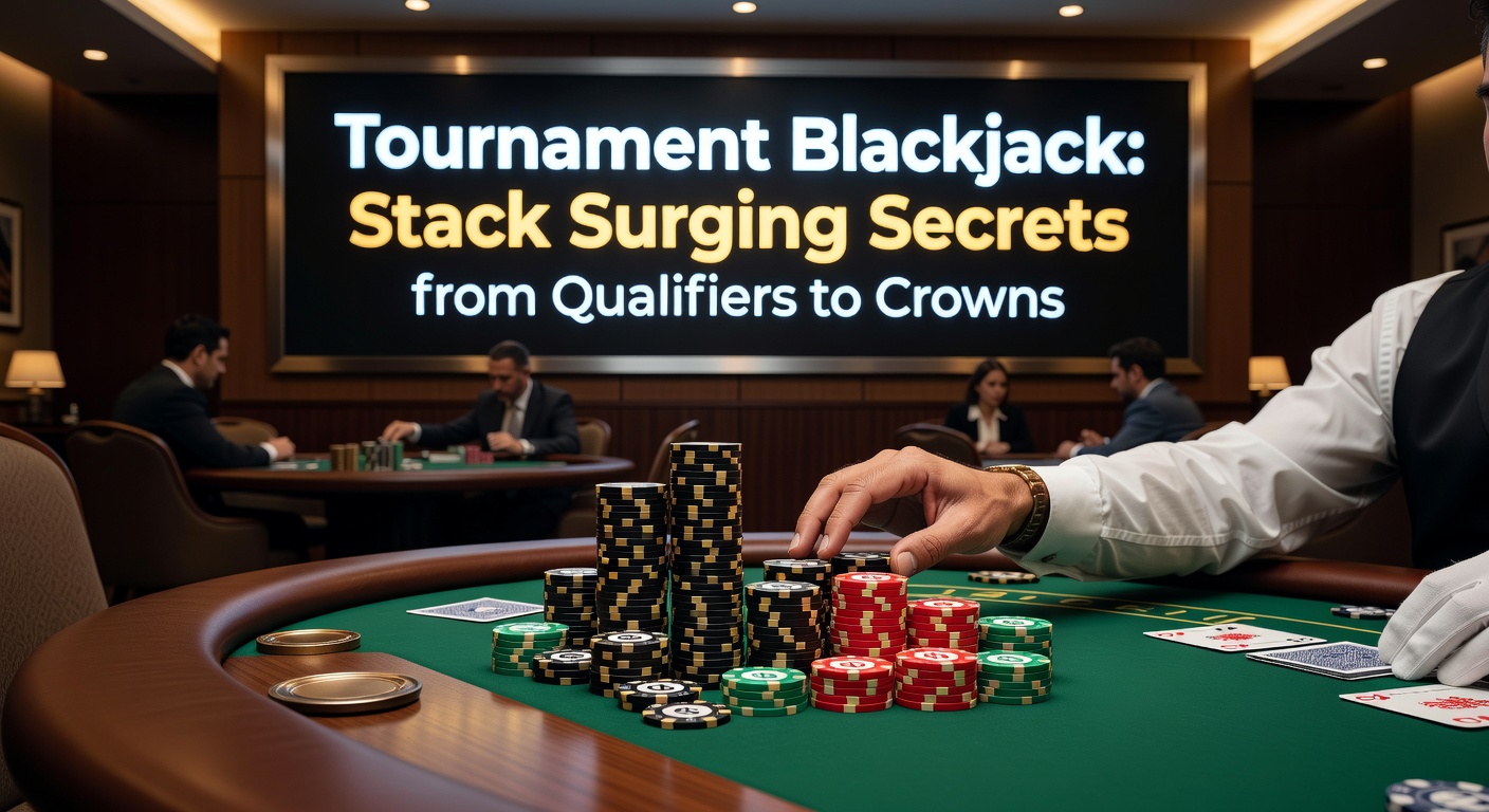 Spelers geconcentreerd aan blackjacktafels tijdens een intens toernooi, met stapels fiches die groeien