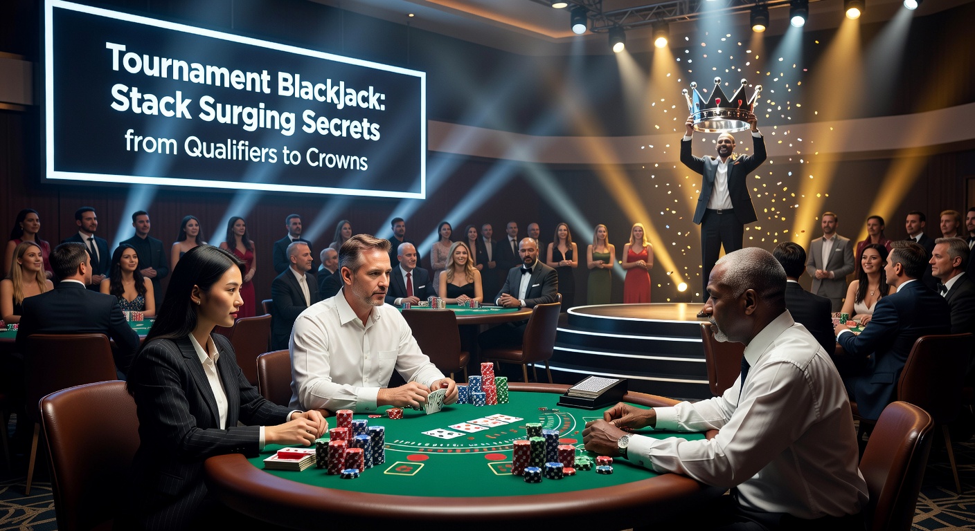 Finaletafel in een blackjacktoernooi met spelers die stacks vergelijken, trofee in zicht