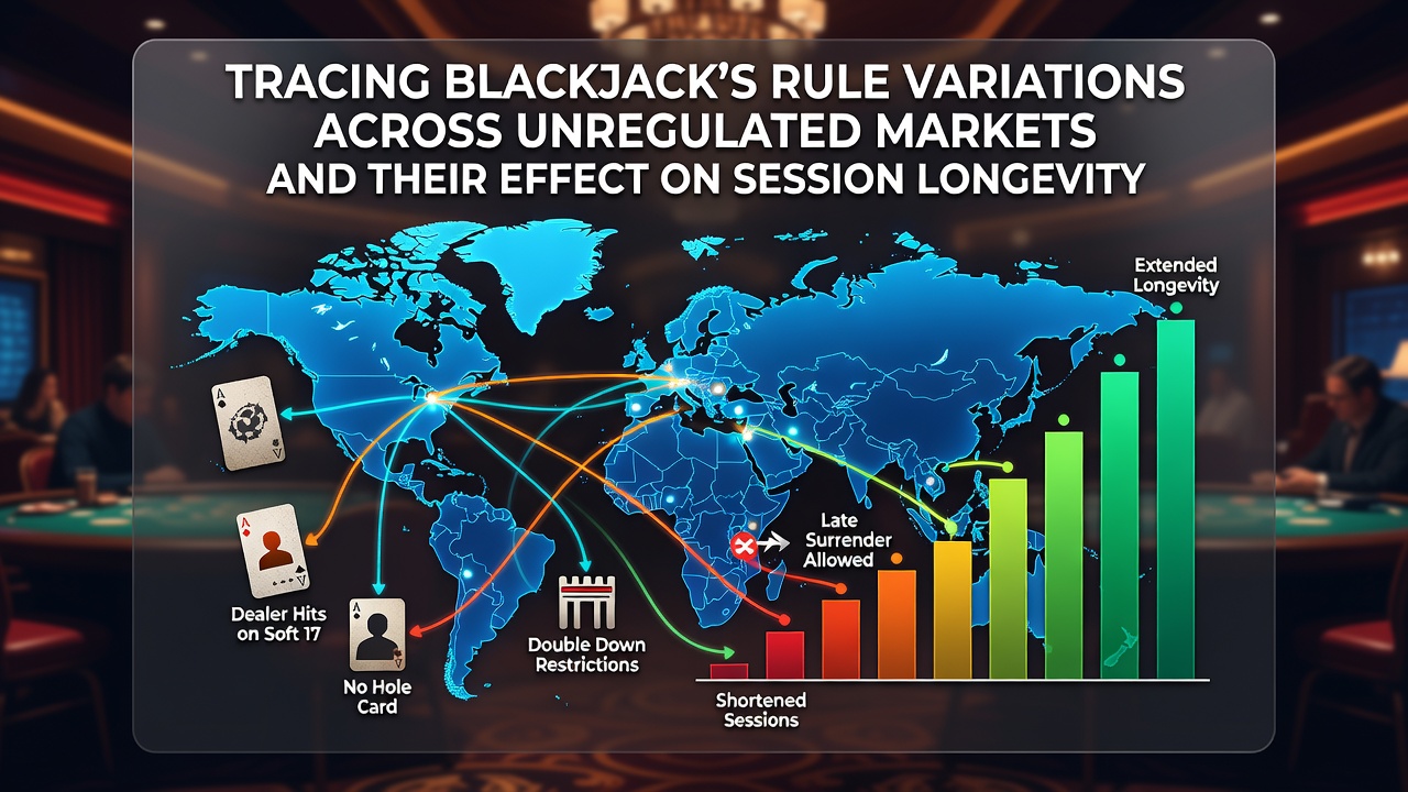 Overzicht van blackjack tafels met verschillende regelborden in een ongereguleerde online omgeving