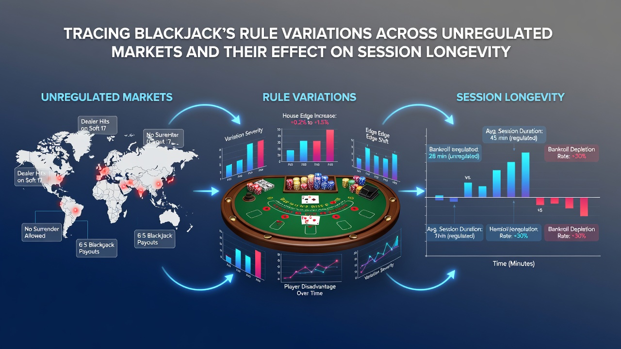 Grafiek die sessieduur vergelijkt tussen verschillende blackjack regelsets in ongereguleerde markten