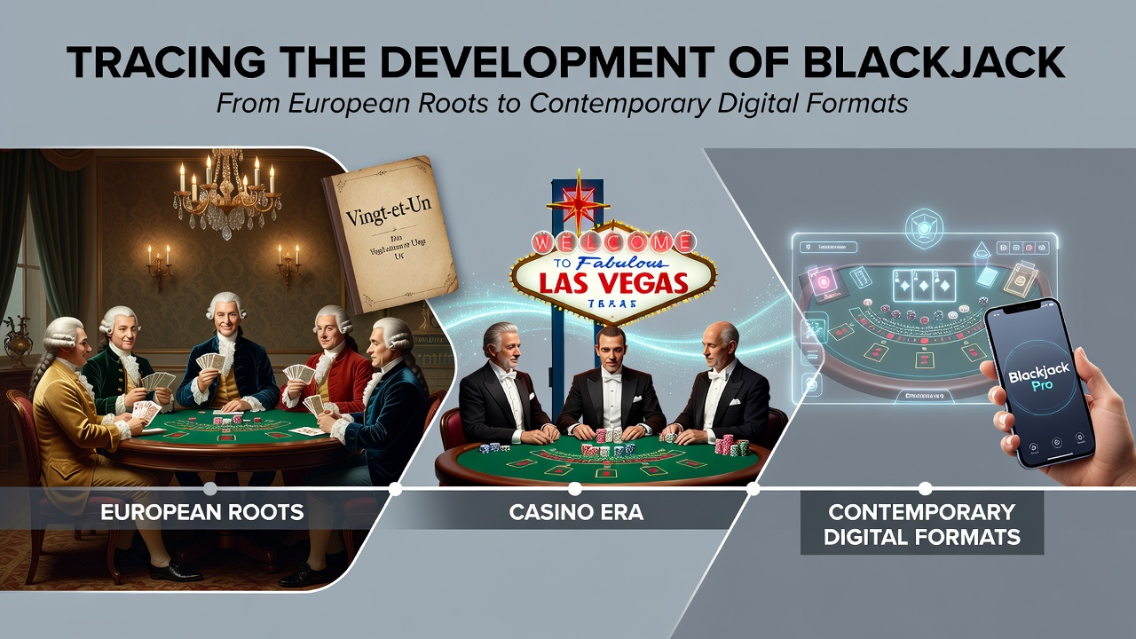 Historische afbeelding van vroege blackjack tafels in Europese casinos met kaarten en spelers uit de 18e eeuw