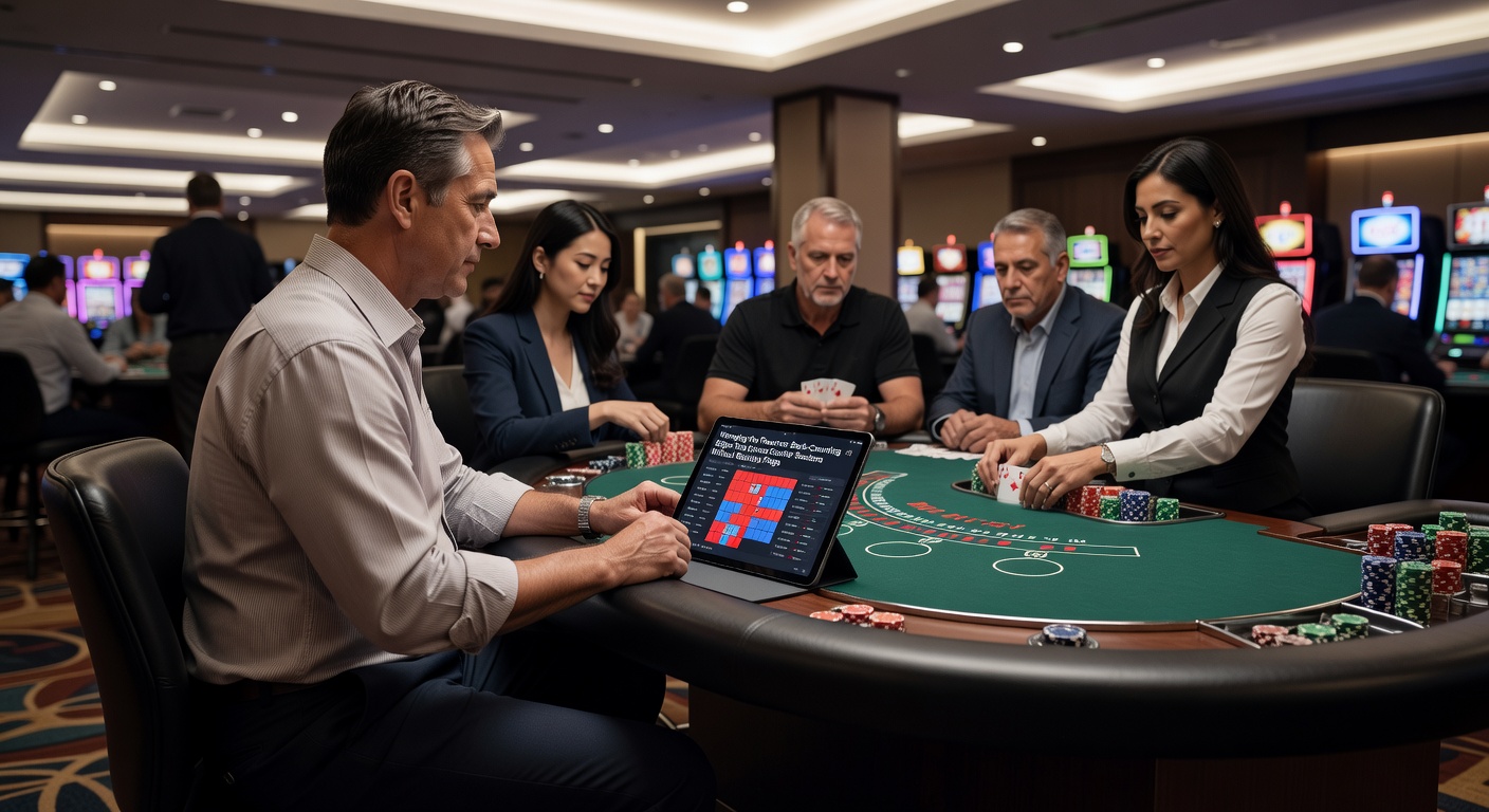 Een blackjacktafel in een druk casino met spelers die de vloer observeren, illustrerend de subtiele kunst van wonging en back-counting