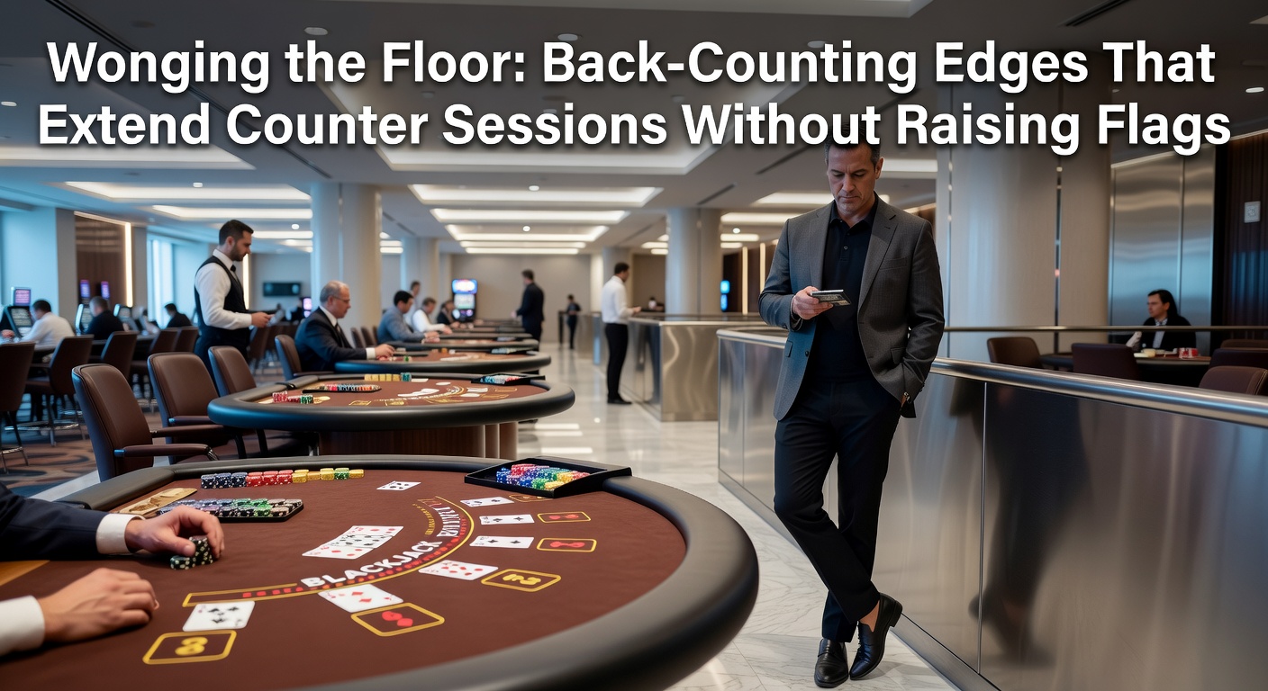 Back-counter die discreet een blackjacktafel observeert vanaf de zijlijn, met focus op de kaarten en discarded tray, symboliserend stealthy sessie-extensie