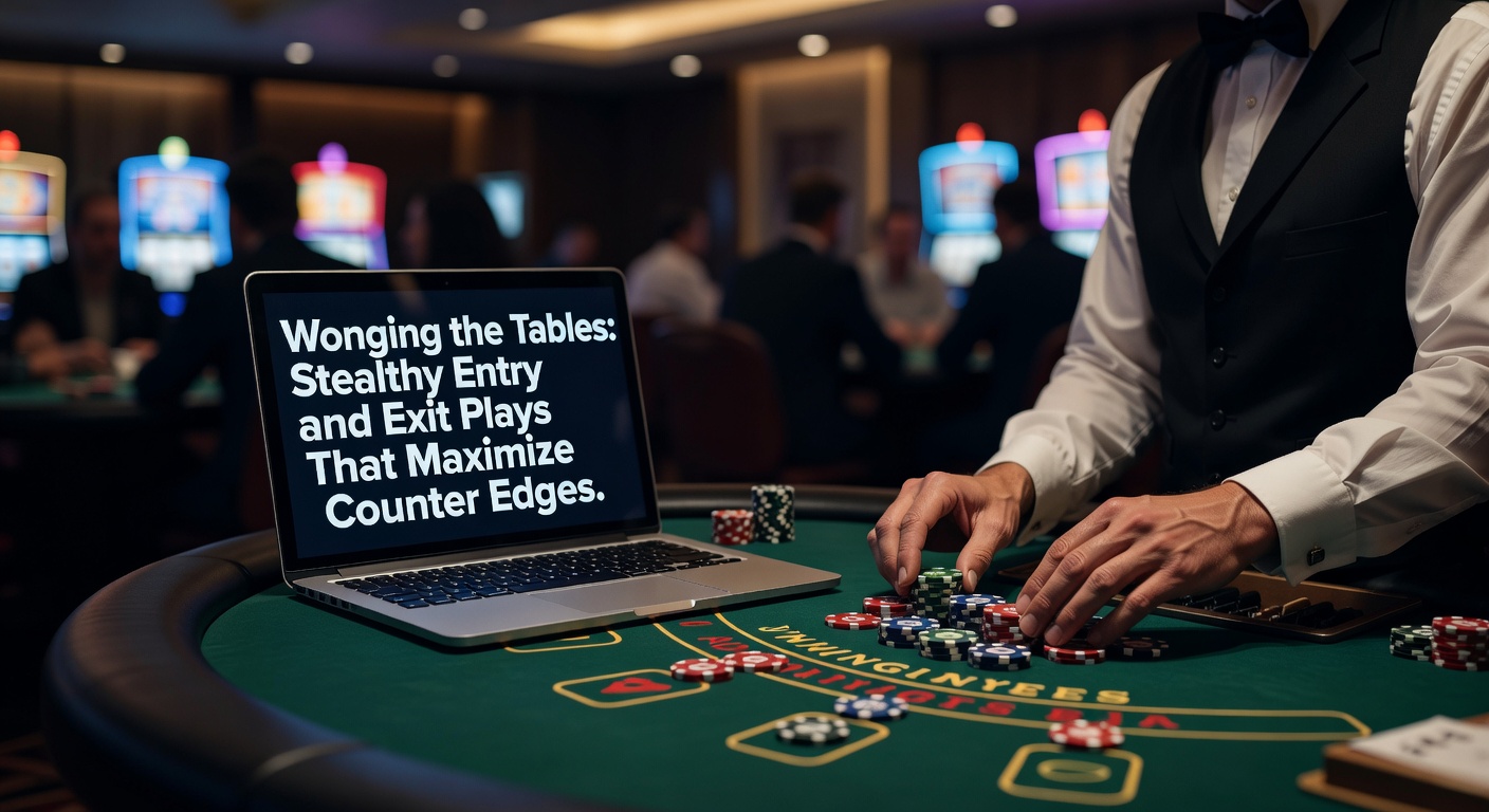 Een blackjacktafel in een bruisend casino waar tellers subtiel observeren voordat ze instappen, met kaarten en fiches in beweging