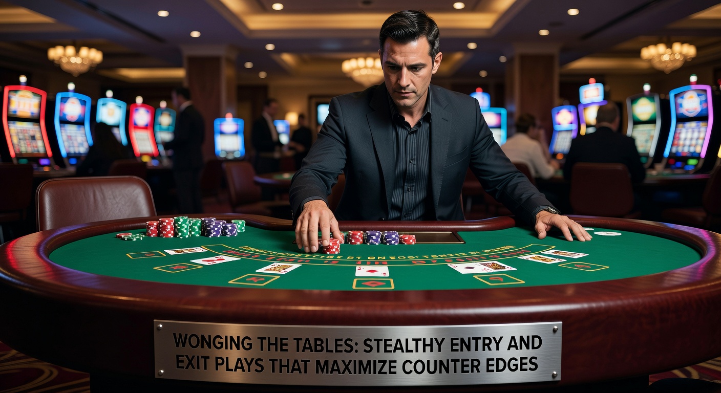 Een subtiele wonger die een blackjacktafel benadert, chips in hand, terwijl de dealer dealt en andere spelers geconcentreerd zijn